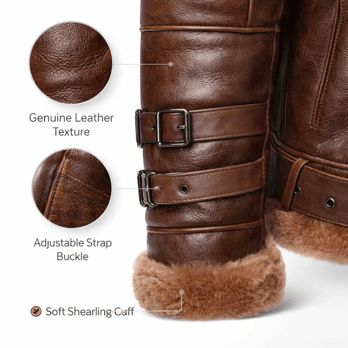 Brown Aviator Bomber Shearling Jacket – Classic Leather Flight Jacket with Shearling Collar, Cuffs & Adjustable Waist Belt for Men - Image 7