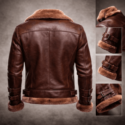 Brown Aviator Bomber Shearling Jacket – Classic Leather Flight Jacket with Shearling Collar, Cuffs & Adjustable Waist Belt for Men - Image 8