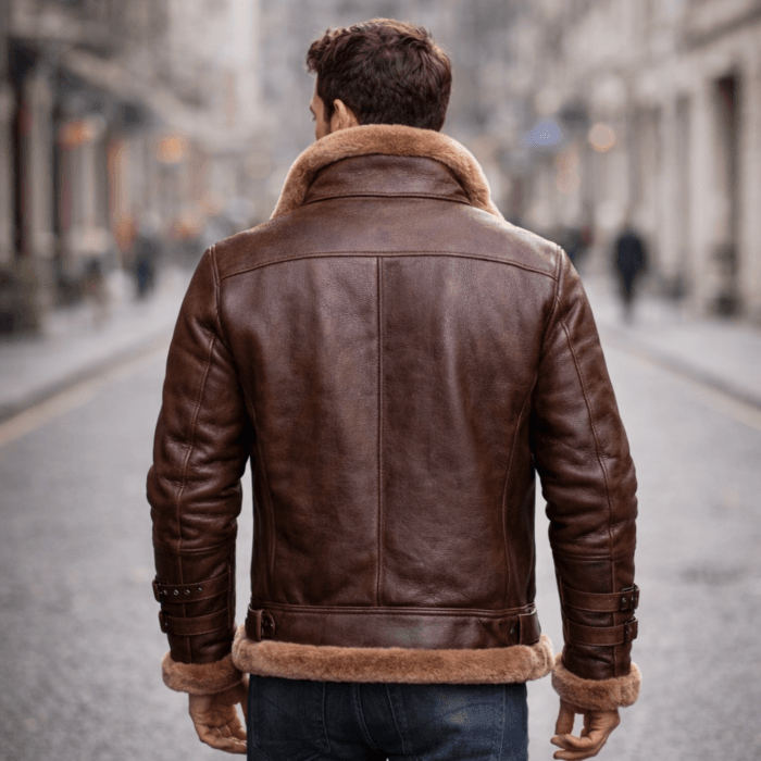 Brown Aviator Bomber Shearling Jacket – Classic Leather Flight Jacket with Shearling Collar, Cuffs & Adjustable Waist Belt for Men - Image 9