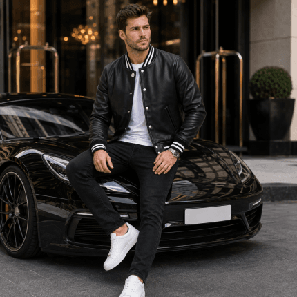 Men’s Black Leather Varsity Jacket – Classic Baseball Bomber Jacket with Ribbed Collar, Cuffs & Casual Streetwear Style - Image 7