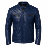 Men’s Navy Blue Cafe Racer Leather Jacket 100% Real Lambskin Motorcycle Biker Jacket with Quilted Shoulders, Slim Fit, YKK Zipper Pockets & Adjustable Waist Premium Riding & Casual Wear by Decrum